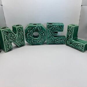 Lipper & Man "NOEL" Candle Holders. Green ceramic Christmas holly Candlesticks.